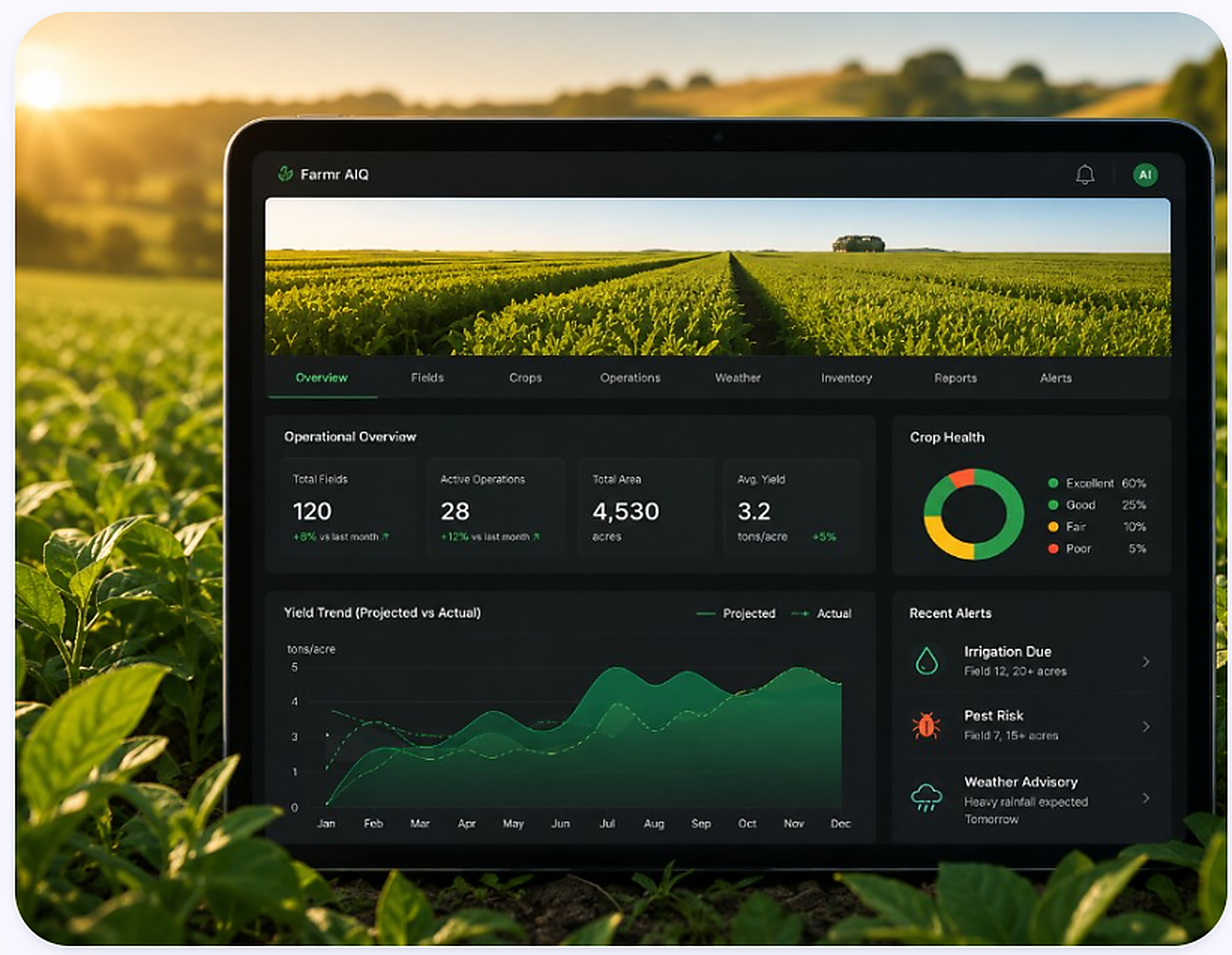 Farmr AIQ dashboard on a tablet in the field